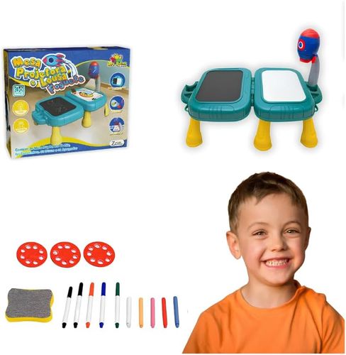 שולחן יצירה וציור כפול 2 ב-1 לילדים עם מקרן חללית, לוח מחיק לבן, לוח גיר שחור ומזוודת נשיאה ניידת