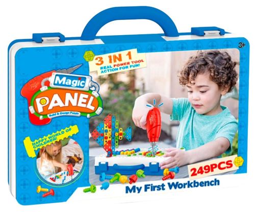 ערכת הרכבה ובנייה לילדים 249 חלקים עם מברגה חשמלית, כלי עבודה, לוחות מחוררים, פטריות צבעוניות ומזוודת נשיאה ניידת