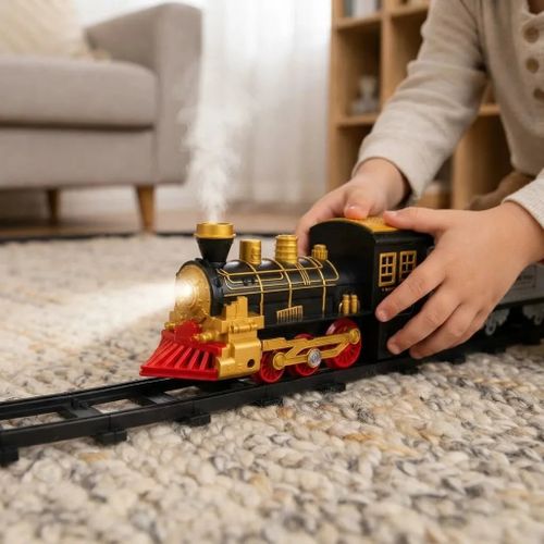 רכבת קיטור חשמלית לילדים הכוללת פולט עשן אמיתי (אדי מים), תאורת פנס קדמי, צלילים אותנטיים, מסילת רכבת וקרונות משא