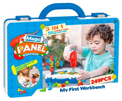 ערכת הרכבה ובנייה לילדים 249 חלקים עם מברגה חשמלית, כלי עבודה, לוחות מחוררים, פטריות צבעוניות ומזוודת נשיאה ניידת