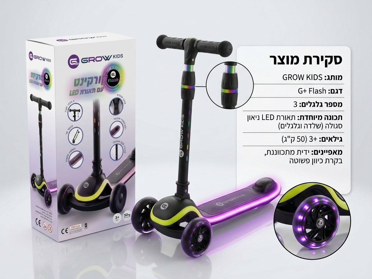 קורקינט 3 גלגלים עם אורות לאורך השלדה והגלגלים Kids+G