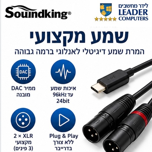 כבל אודיו USB-C ל-2 XLR זכר באורך 2 מטר Soundking BUX001 עם ממיר DAC מובנה