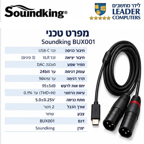 כבל אודיו USB-C ל-2 XLR זכר באורך 2 מטר Soundking BUX001 עם ממיר DAC מובנה