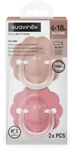 זוג מוצצים Sx Pro לגילאי 6-18 חודשים קולקציית Wonder מבית Suavinex - צבע  ורוד בהיר / ורוד כהה
