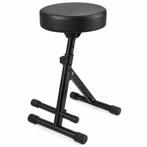 כיסא לגיטריסט Guitar Stool LG-GS210 בצבע שחור עם מושב עגול מרופד, כוונון גובה, משענת רגליים ובסיס מתכת יציב.