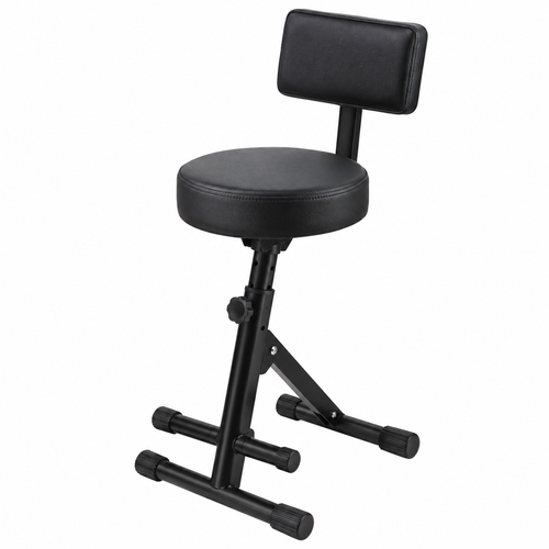 כיסא לגיטריסט Guitar Stool LG-GS211 בצבע שחור עם מושב עגול מרופד, משענת גב, כוונון גובה, משענת רגליים ובסיס מתכת יציב.