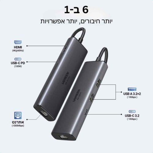  תחנת עגינה Ugreen 6-in-1 USB-C 4K60Hz 10Gbps UGREEN CM512 45000 