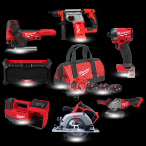 סט כלי עבודה מילווקי Milwaukee M18 מקצועי 7 כלים כולל אימפקט, ג׳יגסו, קומפרסור, משחזת, פטישון, רמקול ומסור עגול 