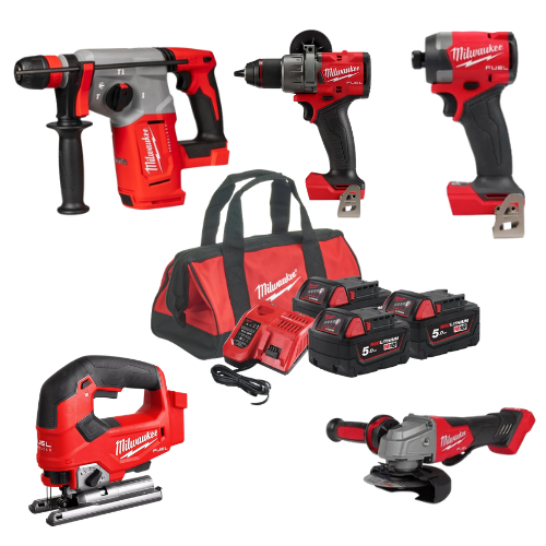 סט 5 כלי עבודה מילווקי Milwaukee M18 כולל 3 סוללות 5Ah, מטען מהיר ותיק