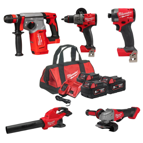 סט כלי עבודה מילווקי Milwaukee M18 5 כלים עם מפוח, 3 סוללות 5Ah, מטען מהיר ותיק