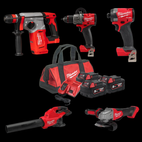 סט כלי עבודה מילווקי Milwaukee M18 5 כלים עם מפוח, 3 סוללות 5Ah, מטען מהיר ותיק