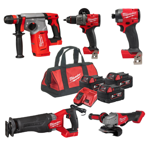 סט כלי עבודה מילווקי Milwaukee M18 5 כלים עם מסור חרב, 3 סוללות 5Ah ומטען מהיר