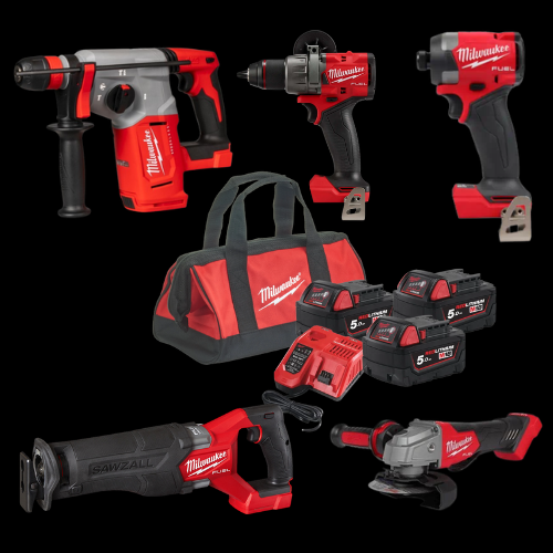סט כלי עבודה מילווקי Milwaukee M18 5 כלים עם מסור חרב, 3 סוללות 5Ah ומטען מהיר 