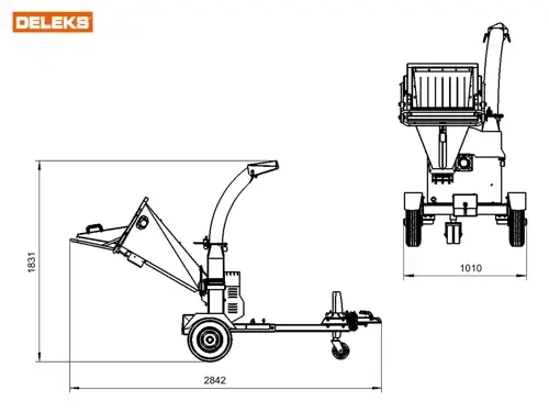 שרטוט טכני של מרסקת גזם DELEKS DK900 במבט צד וחזית, כולל מידות אורך 2,842 מ