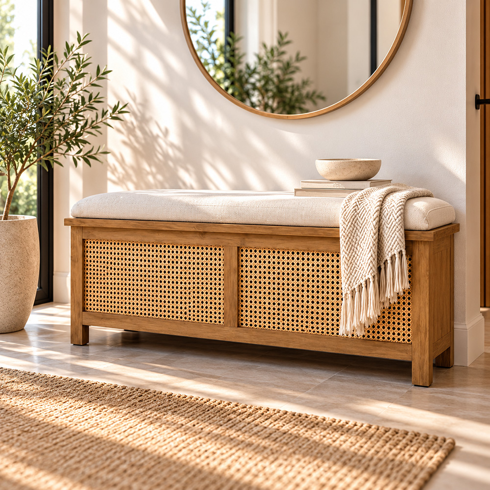 ספסל אחסון נפתח עץ מלא | ריפוד פשתן | RATTAN SIENA DUO