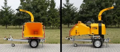 מרסקת גזם מקצועית נגררת LASKI LS 160 PB תוצרת צ'כיה, מבט קדמי וצדי המציג את משפך ההזנה, ארובת הפליטה ושלדת הגרירה עם בלמים