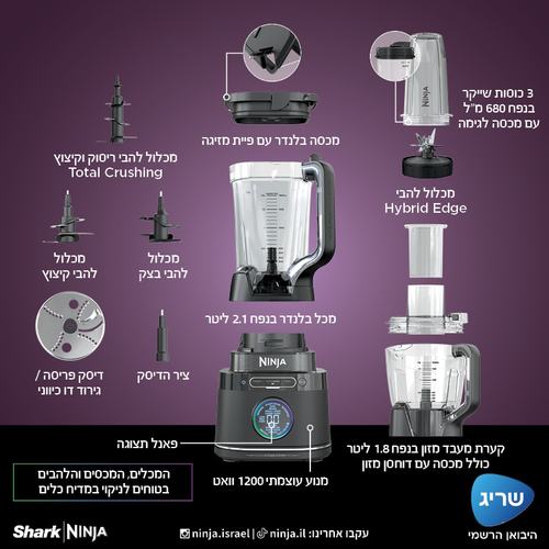 ‏⁧מעבד מזון ובלנדר ⁦DETECT TB403 NINJA⁩ | יבואן רשמי 3 שנות אחריות⁩‏