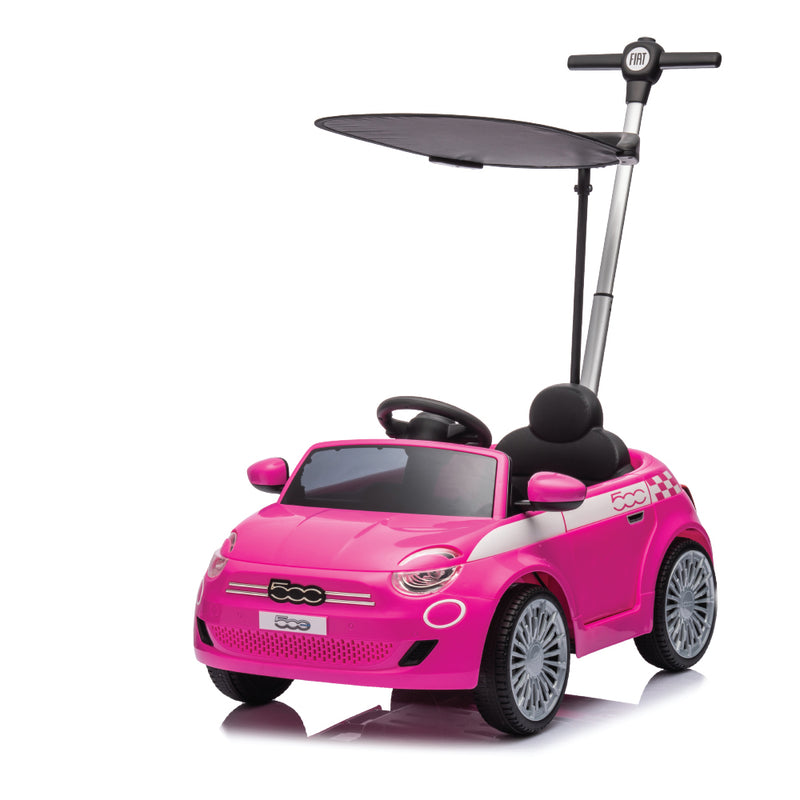 בימבה דחיפה בדמות FIAT 500 עם ידית להורה, דלתות נפתחות, גגון וצלילי צופר - ורוד