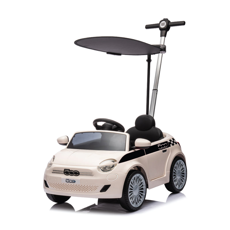 בימבה דחיפה בדמות FIAT 500 עם ידית להורה, דלתות נפתחות, גגון וצלילי צופר - לבן