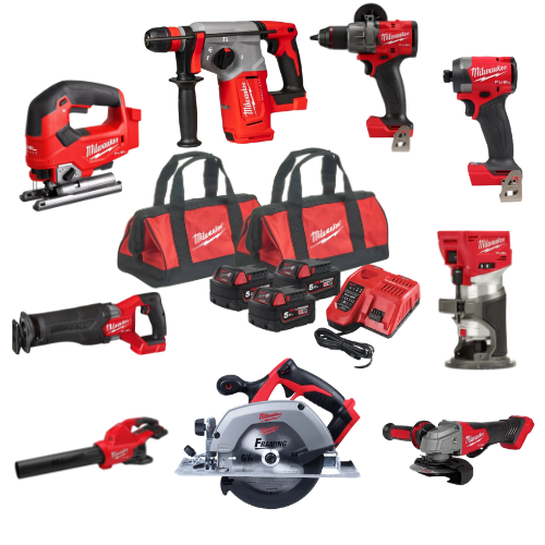 סט כלי עבודה מילווקי Milwaukee M18 9 כלים עם 3 סוללות 5Ah ו-2 תיקים