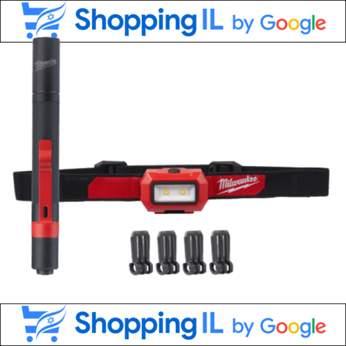 פנס ראש 350 לומן LED כולל קליפסים + סוללות + עט תאורה 100 לומן Milwaukee 4933492103 HL2IPL-LED 