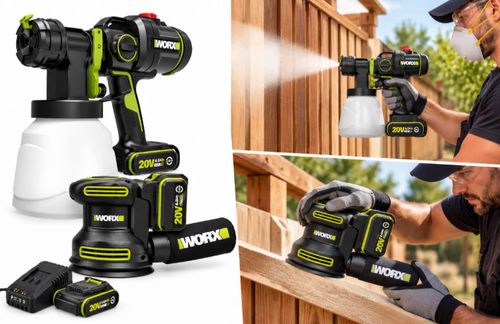 מרסס צבע נטען 20V WORX Brussels + מלטשת נטענת 5'' 20V  [ סוללה 20 וולט 2 אמפר+ מטען ]