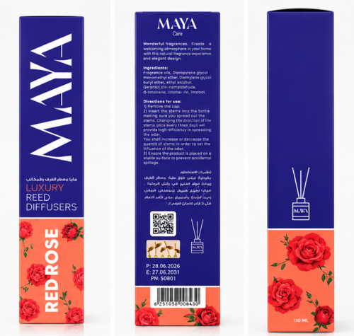 מפיץ ריח יוקרתי עם מקלות MAYA בניחוח פרחים RED ROSE – ‏110 מ״ל