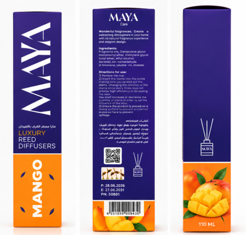 מפיץ ריח יוקרתי עם מקלות MAYA בניחוח מנגו – 110 מ״ל