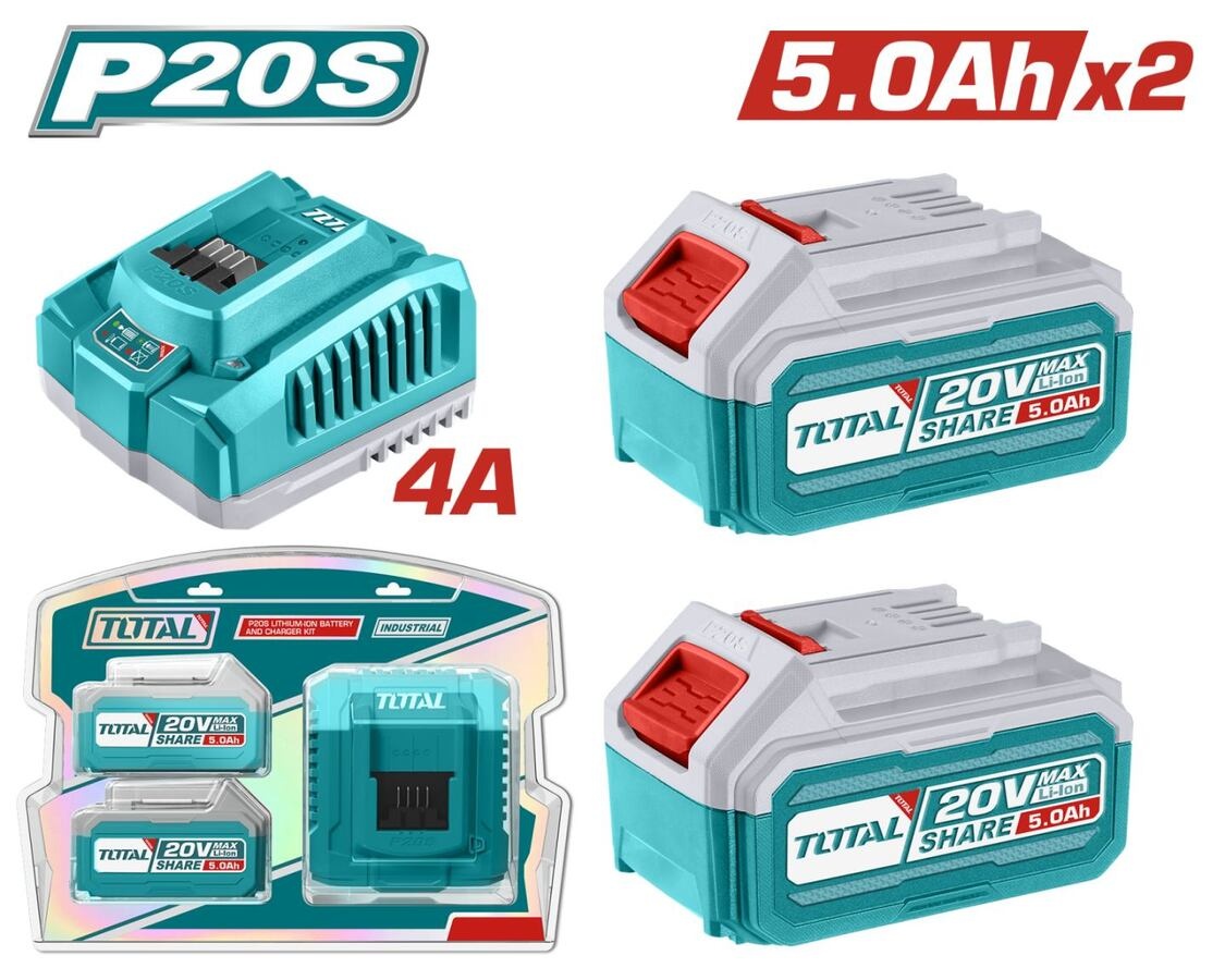 ערכת 2 סוללות 20V 5.0Ah ומטען מהיר TOTAL