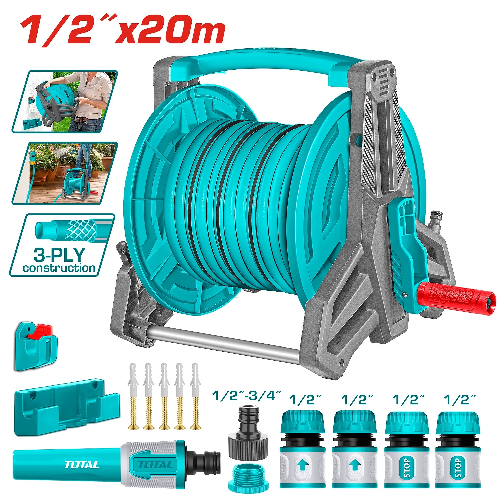 סט גלגלת צינור לגינה 20 מ׳ 1/2" TOTAL