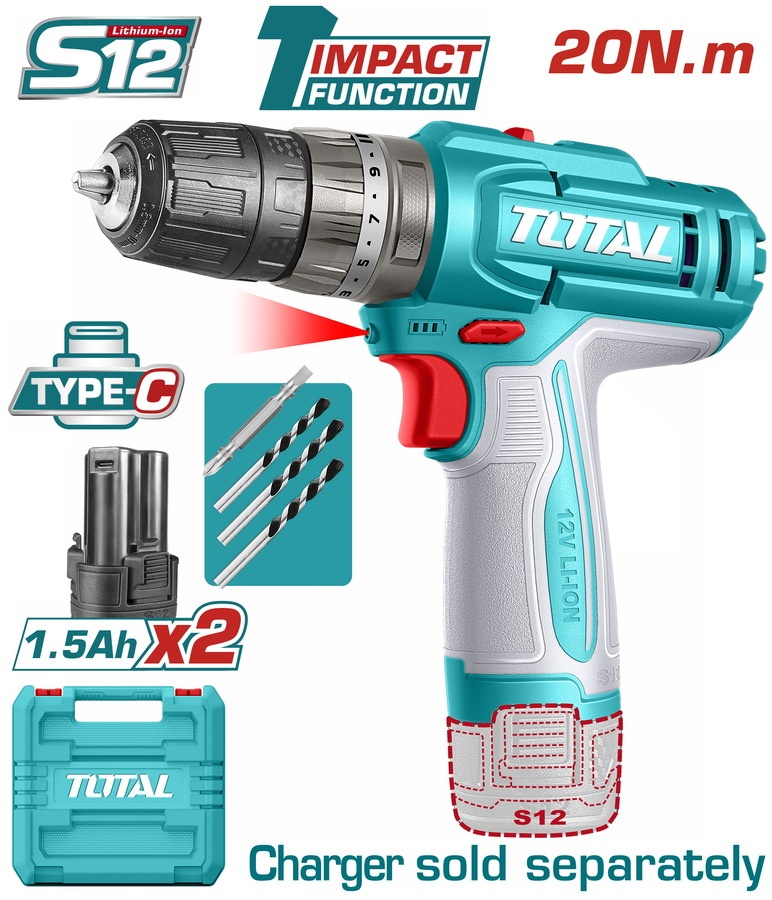 מברגה רוטטת נטענת 12V 20Nm עם 2 סוללות TOTAL