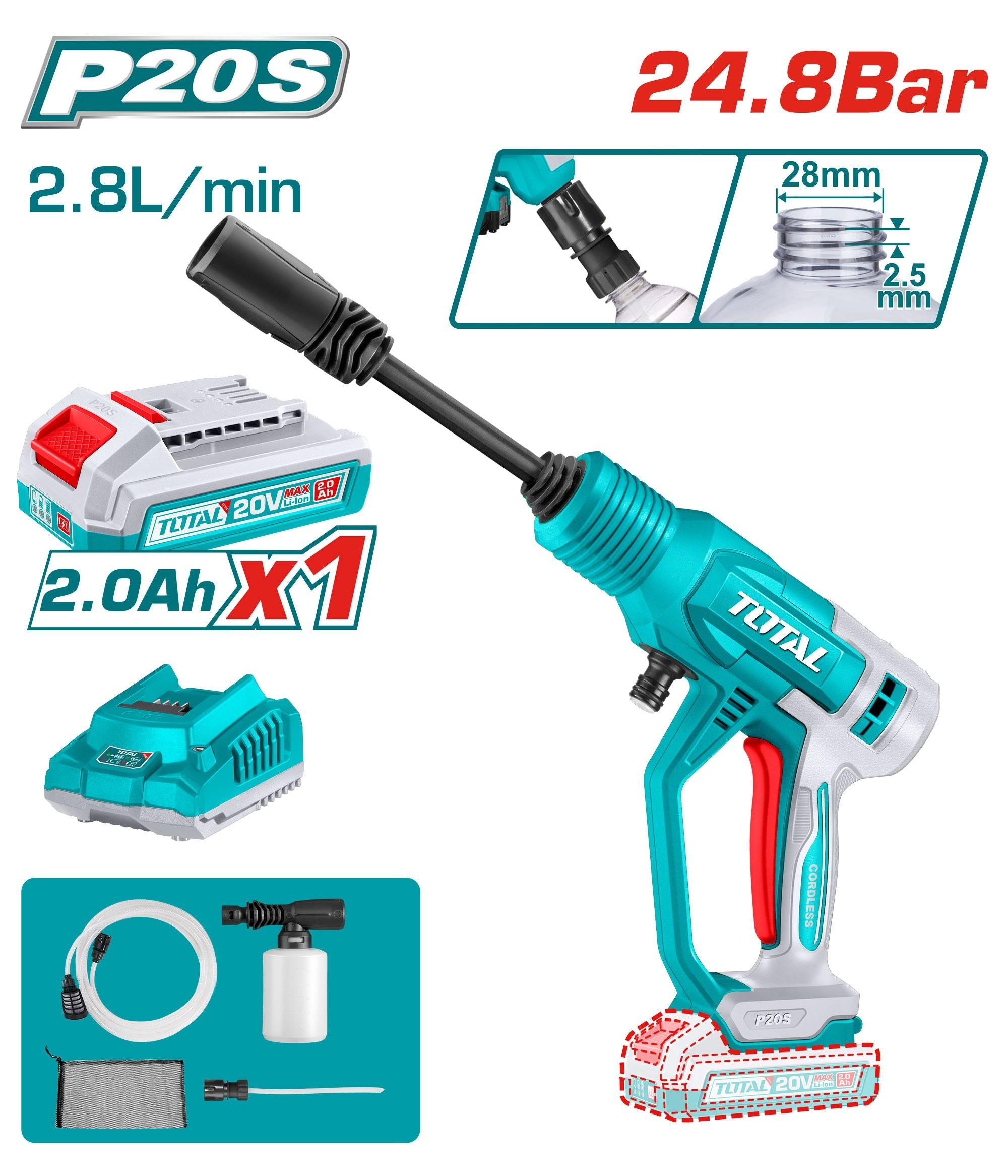 מכונת שטיפה בלחץ נטענת 24.8 בר 20V עם סוללה TOTAL