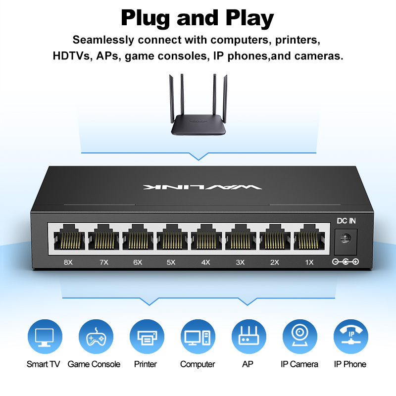 מתג רשת Wavlink 8-Port Gigabit Ethernet Switch WL-NW908G1 – יציאות LAN / 16Gbps / מארז מתכת