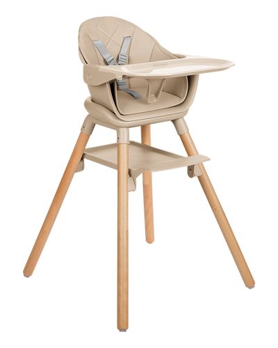כסא אוכל לתינוק Woody 6in1 בצבע בז', מוצג עם מגש ורצועות בטיחות.