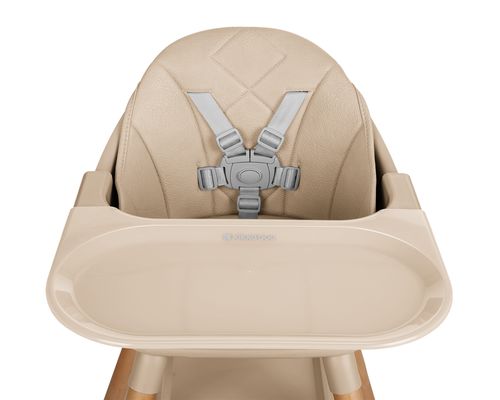 מבט קדמי מקרוב על כיסא האוכל Woody 6in1, מציג את המגש ורצועות הבטיחות הרכוסות.