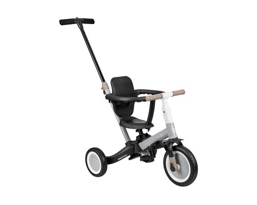 תלת אופן 5 ב 1 Flip אפור, מראה כללי עם מוט דחיפה ומושב בטיחותי לתינוק.