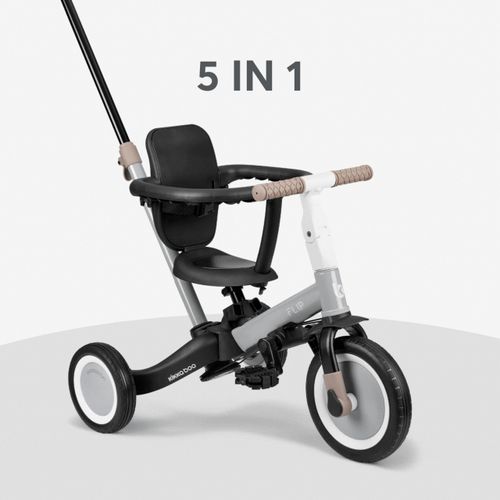 תלת אופן Flip אפור עם מוט דחיפה, מושב וסרגל בטיחות, כולל כיתוב '5 IN 1'.
