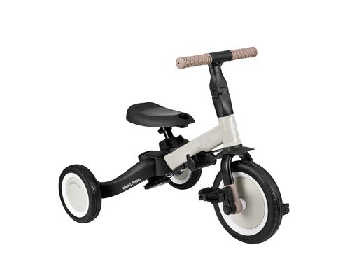 תלת אופן Flip בז במצב רכיבה עם פדלים, ללא ידית הורה, מבט קדמי-צדדי.