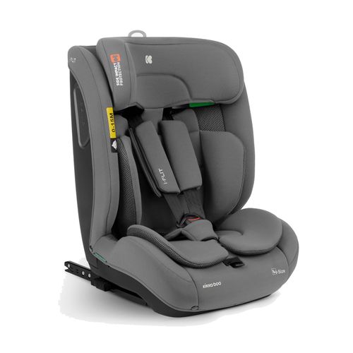 כיסא בטיחות i-Flit i-Size אפור כהה, מבט קדמי-צדדי מפורט המציג את הריפוד והחגורות.