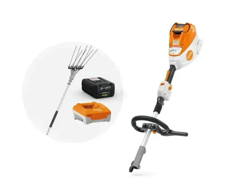 סט מנוע קומבי נטען STIHL KMA 120 R הכולל ראש מנערת זיתים SP-KM, סוללה AP 300 P ומטען AL 301 למסיק זיתים מקצועי