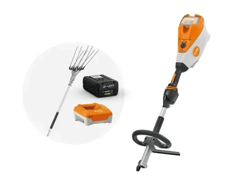 קיט מנוע קומבי נטען מקצועי STIHL KMA 135 R עם ראש מנערת זיתים SP-KM, סוללה AP 300 P ומטען AL 301 למסיק זיתים