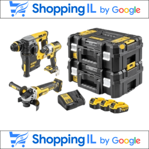 סט 3 כלים 18V פטישון+‎אימפקט+‎משחזת זווית+‎3 סוללות 5AH +  ארגזי TSTAK קשיחים דגם DCK305P3T מבית DEWALT