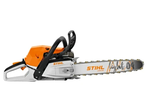 מסור עץ מקצועי STIHL MS 300 C-M במבט אלכסוני, עם שרשרת RS Pro, ידית אחיזה קדמית ומגן יד לבלם השרשרת