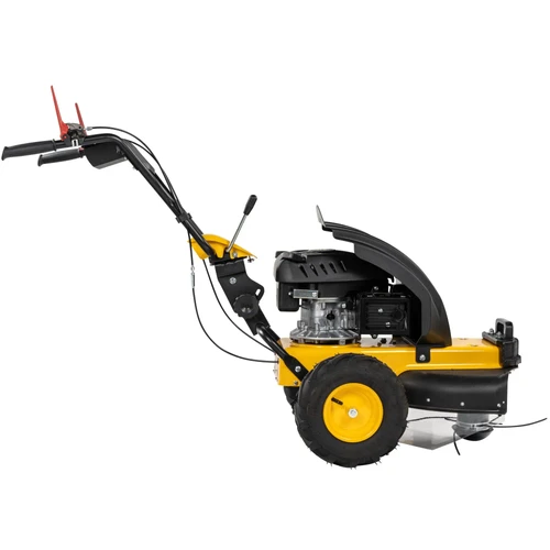 מבט צד על מכסחת עשבייה בנזין TEXAS Pro Trim 610TR עם הנעה עצמית, מנוע חשוף, ידיות שליטה, גלגל גדול וראש כיסוח בחוט