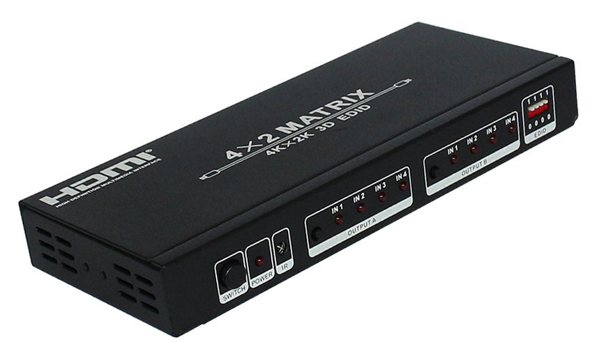 מטריצה HDMI1.4 איכותית עם 4 כניסות ו-2 יציאות, שלט רחוק, הגברה, תמיכה ב-4K*2K/3D וניהול EDID