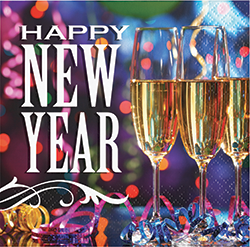 מפיות קוקטייל בעיצוב שמפנייה והכיתוב  happy new year -  בחבילה 16 יחידות			