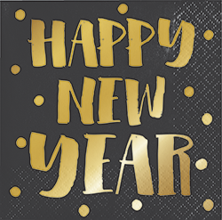 מפיות קוקטייל  happy new year בצבע שחור זהב 16 יחידות						