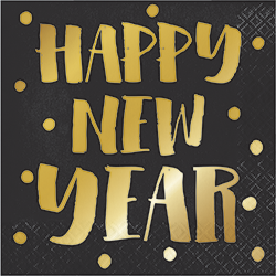 מפיות לאנץ  happy new year בצבע שחור זהב 16 יחידות						