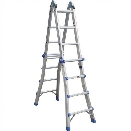 סולם טלסקופי רב תכליתי TIANGIN JINMAO דגם AO93-405 - סולם אלומיניום 5X4 שלבים באורך 4.7 מטר עם 5 דרכי שימוש ומערכת הגנה על אצבעות