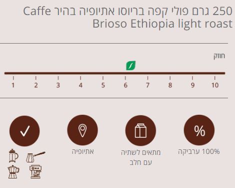 250 גרם פולי קפה בריוסו אתיופיה בהיר Caffe Brioso Ethiopia Sidamo Light Roast